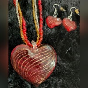 NWOT Pier One Imports Glass Heart Swirl Necklace & Matching Earrings
